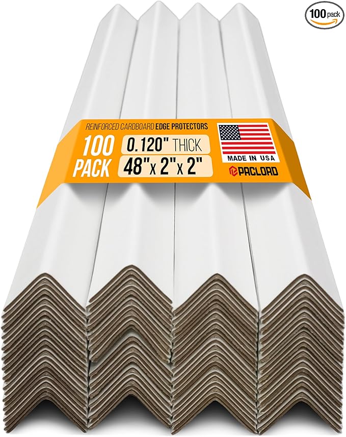 48" x 2" x 2" Reinforced Cardboard Edge Protectors, White (Pack of 100) – 0.12" Thick Medium-Duty Cardboard Corner Protectors for Shipping – American Quality V-Board Pallet Edge Guard