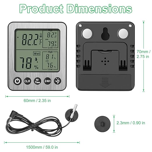 Digital Refrigerator Freezer Fridge Thermometer with Extra Sensor Digital Hygrometer max and min Before 24 Hours and All time Remember Reptile Tank Thermometer Hygrometer White zz20