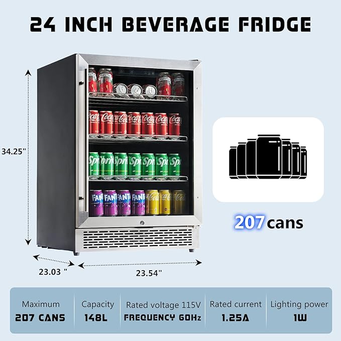 Jocisland 24 Inch Beverage Refrigerator, Built-In or Freestanding Fridge with Glass Door, LED Touch Control, Adjustable Shelves, Holds 207 Cans, Under Counter Beer & Wine Cooler, 34–64℉