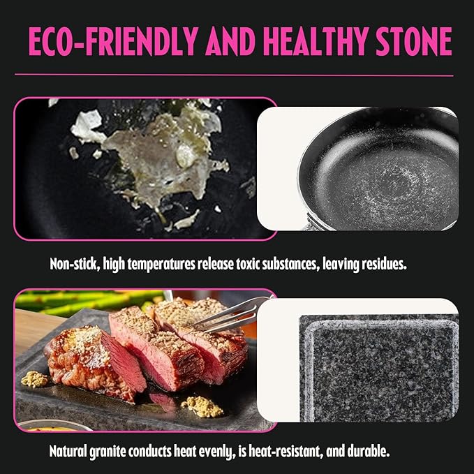 Artestia Hot Stone Steak Cooking Set – 2 Natural Granite Grill Stones + 1 Bamboo Tray +1 Salad Plate & 3 Sauce Bowls – Indoor/Outdoor BBQ Sizzling Steak & Seafood Grilling Gift