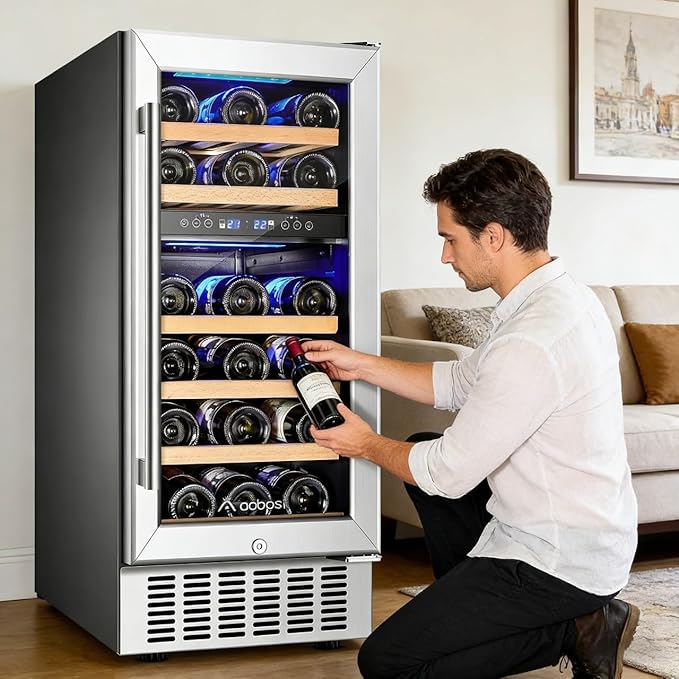 AAOBOSI 15 inch Dual Zone Wine Fridge, 28 Bottles Built-in or Freestanding Fridge,41-64°F Wine Cooler with Professional Compressor，Low Noise and No Fog