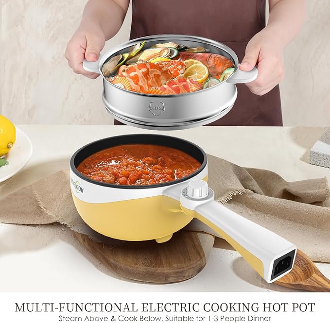 Audecook Hot Pot Electric, 1.7L Mini Electric Skillet Portable Nonstick Sauté Pan with Power Adjustment, Ramen Cooker Travel Multicooker for Steak/Soup/Egg/Oatmeal/Noodles (Tongs for Cooking Included)