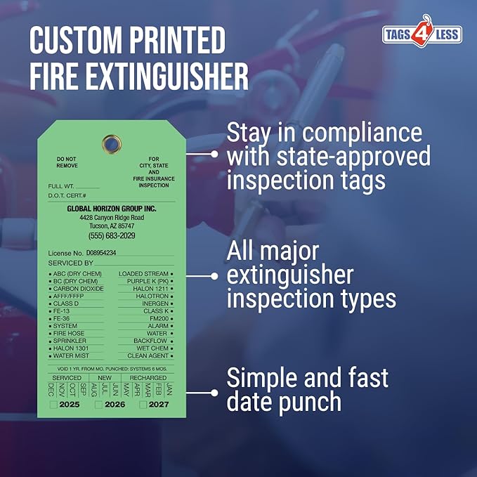 Tags 4 Less Custom Fire Extinguisher Tags – Preventative Maintenance Labels for Monthly Inspections, Alternative to Safety Sticker for Easy Record-Keeping – Pack of 100 (Light Green,Vinyl)