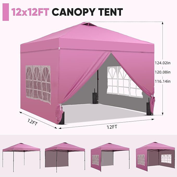 Saemoza 12x12 Pop Up Canopy Tent with One Push Setup, Portable Sun Shade Tent, Instant Easy Up Canopy with 4-Sidewalls & Wheeled Bag, Outdoor Fldable Gazebo with Vent Top, Pink.