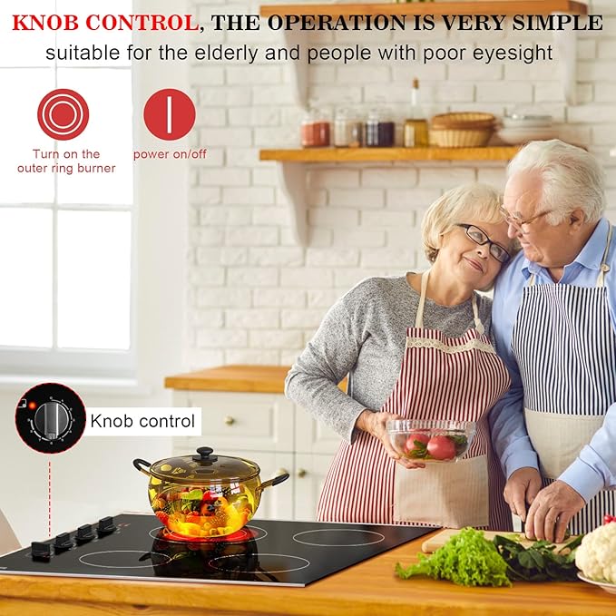 Karinear 30 Inch Electric Cooktop 4 Burners, Knob Control Built-in Ceramic Cooktop, 30" Radiant Electric Stove Top with Glass Protection Metal Frame,Hot Surface Indicator, 220-240v, Hard Wire, No Plug