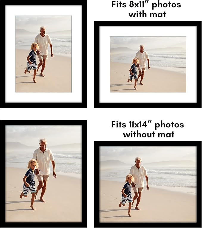 Americanflat 11x14 Picture Frame with Polished Plexiglass - Set of 5 - Use as 8x11 Frame with Mat or Display 11x14 Photo Without Mat - Galleria Collection - Picture Frames for Wall Display - Black