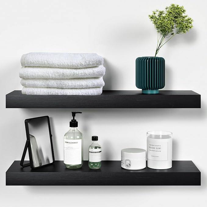 Homeforia Black Floating Shelves 24 inch, High End Solid Real Wood 24inch Bathroom Floating Shelf for Wall Mounted, Black Wooden 24in Floating Shelves, Heavy Duty Bracket, 24 X 6.5 X 1.75 in, Set of 3