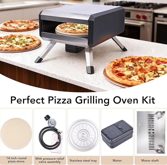 Pizza Oven, with 14" Pizza Stone and Legs,Automatic Rotation Function Outdoor Gas Pizza Ove, Carbon Steel Material,Maximum Temperature of 700°F, for Camping, Parties and Backyard Barbecues,Outdoor