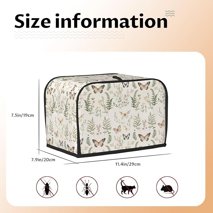 2 Slice Toaster Cover for Kitchen Botanical Wildflower Leaf Butterfly Waterproof Dustproof Toaster Dust Cover with Side Pockets Decorative Universal Cover for Wide Slot Toasters Small Appliances