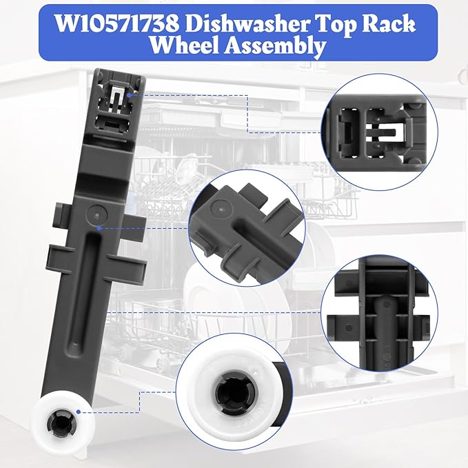 W10571738 Dishwasher Upper Dishrack Adjuster And Wheel Assembly Compatible with Whirlpool Maytag Dishwasher Top Rack Wheel Assembly Replacement Parts 3449627 PS11756470 WPW10571738 AP6023130 (1 Pack)