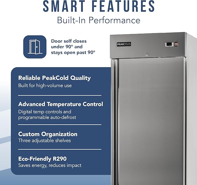 PEAKCOLD Single Door Commercial Refrigerator - 23 Cubic Ft, 29" Wide Stainless Steel Reach-In Commercial Refrigerator with White Internal Lighting - Freestanding Industrial Fridge