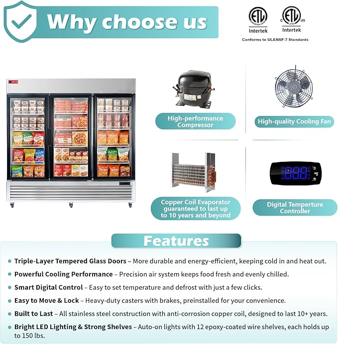 WESTLAKE 82" W Commercial Display Freezer 3 Glass door 72 Cu.ft Stainless Steel Merchandiser Reach-in Upriht Fan Cooling Digital Temperature Control Display Freezer for Restaurant, Bar, Shop, etc
