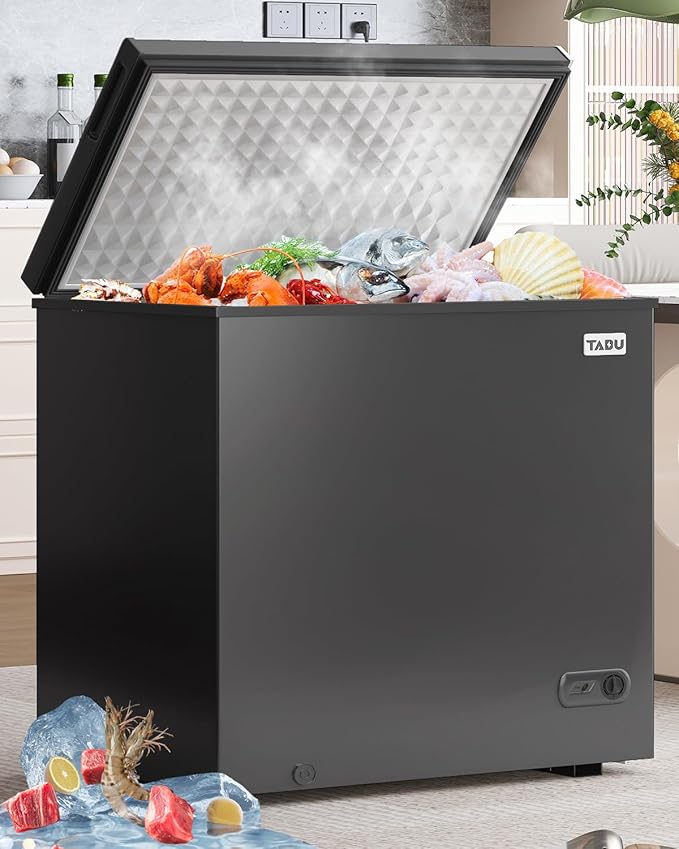 TABU 12.0 Cu Ft Chest Deep Freezer, Large Freestanding Chest Freezer with 7 Level Adjustable Thermostat, Compact Top-opening Deep Freezer with Removable Storage Basket, Black