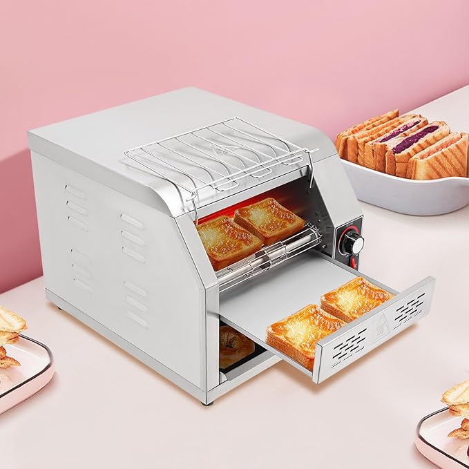 1900W Commercial Conveyor Toaster, 1-7 Gears Electric Stainless Steel Restaurant Toaster Oven with Grid & Crumb Tray Maximum Heating 300°C/572°F for Restaurants, Hotels (300 Slices/Hour)