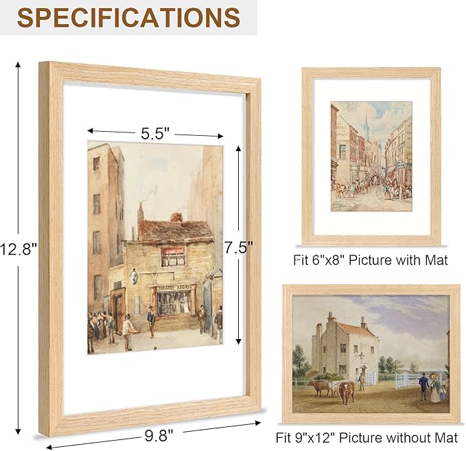 Vittanly 9x12 Picture Frame, Solid Wood Frame with Plexiglass, Includes 6x8 Mat, Wall Hanging or Tabletop for Photos, Home Decor, Natural, 1 Pack