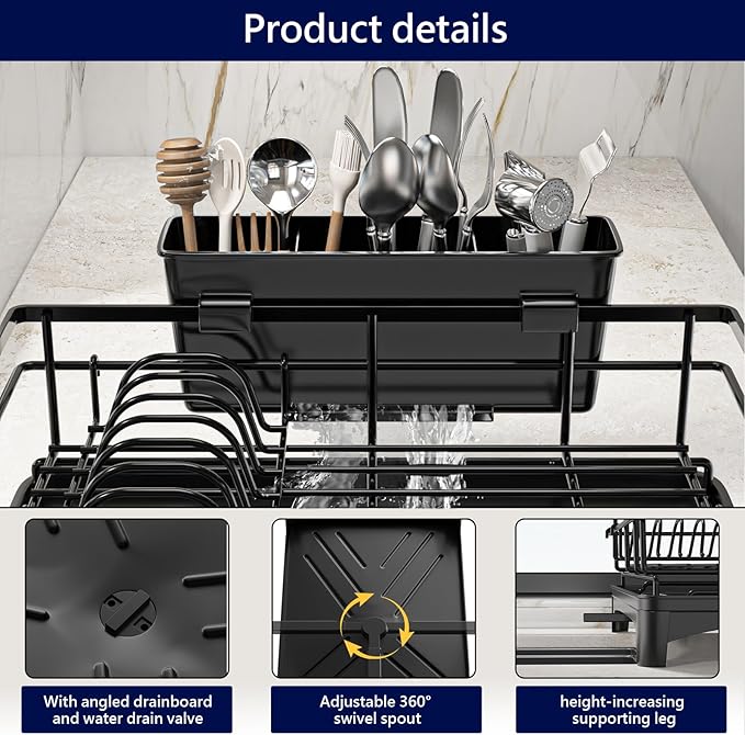 MIKEE 2-Tier Dish Drying Rack for Kitchen Counter, Expandable Rustproof Dish Drainer - Over The Sink Dish Drying Rack with 360° Rotating Drain, Kitchen Utensil Holder, Home and Kitchen Organization