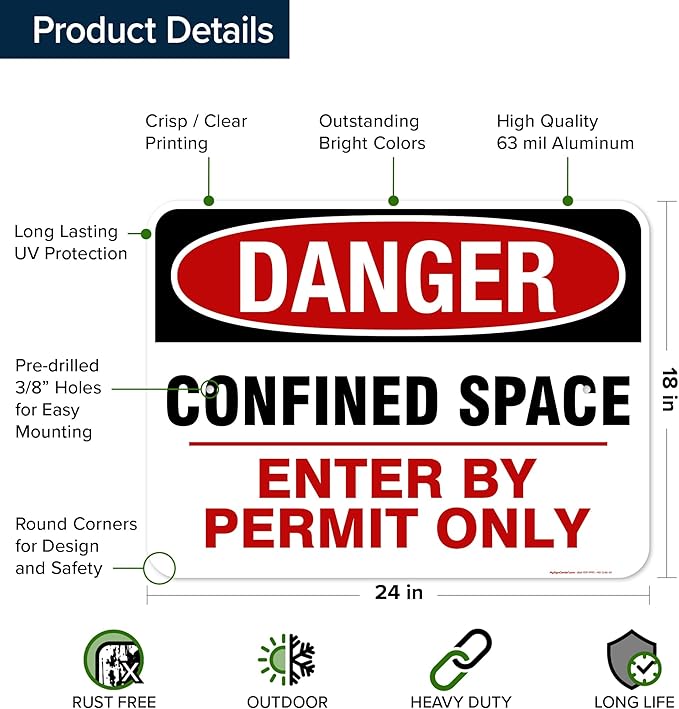 Danger Confined Space Enter By Permit Only Sign, 18x24 Inches, Rust Free .063 Aluminum, Fade Resistant, Made in USA by My Sign Center