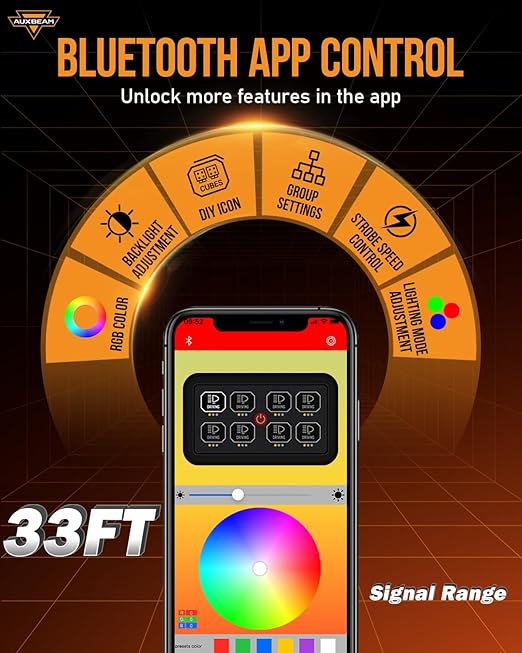 Auxbeam 8 Gang Switch Panel AR-800 Bluetooth RGB Switch Pod Toggle Momentary Pulsed Dimmable Backlight Multifunction Switch Panel with Memory Function 12-24V Truck Offroad ATV Marine Waterproof