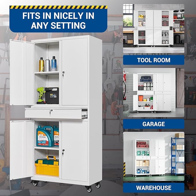 73" Metal Cabinet-White Heavy Duty Rolling Storage Cabinet Steel Tool Cabinets with Wheels, Shelves, Lockable Doors and Drawers- for Garage, Pantry, Warehouse Home Office- Assembly Required