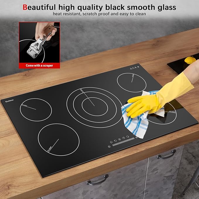 Karinear 36 Inch Electric Cooktop, 5 Burners Electric Stove Top, Built-in Glass Radiant Electric Ceramic Cooktop, Expandable Zones, Lock, Timer, Pause,9200W 220~240v Hardwired(No Plug)