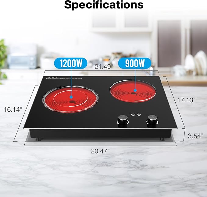 VBGK Electric Cooktop,2100W Built-in & Countertop 2 Burner Electric Cooktop,Electric Stove Top with10 Heating Level, Timer & Kid Safety Lock, LED Knob Touch Control Electric Burner with Plug