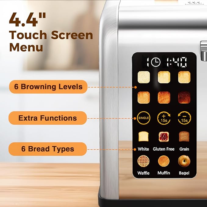 2 Slice Easy Touch Screen Toaster, Stainless Steel Toaster with Wide Slots, Even Toasting for Bagels & Bread, Reheat & Defrost, Removable Crumb Tray, Silver