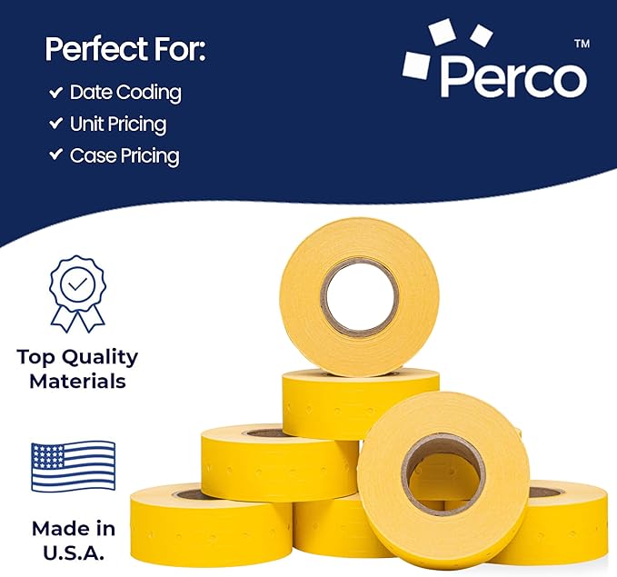 Perco 1 Line Yellow Labels - 32 Rolls, 4 Sleeves, 32,000 Blank Price and Date Gun Labels for Perco Lite, X, Plus and Pro 1 Line Price and Date Guns - Made in USA