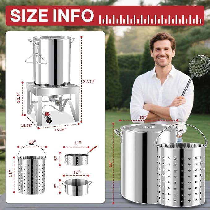 30QT Turkey Fryer Kit | Stainless Steel | Cover | Skimmer | 50,000BTU Burner | Outdoor Deep Fryers with Basket | Seafood Boil Pot | Crab Shirmp & Crawfish Boiler