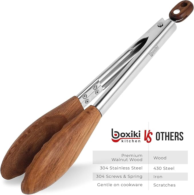 Boxiki Kitchen 9 Inch Tongs for Cooking with Wooden Tips - Nonstick Kitchen Tongs for Serving Food, Grilling, Cooking, BBQ and Tossing Salad - Made of Natural Walnut Wood