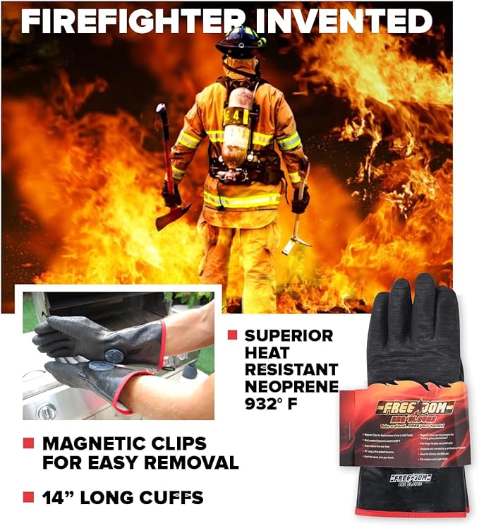 MagneCHEF Freedom BBQ Gloves – 932°F Extreme Heat Resistant Neoprene Grilling Gloves – Patented Magnetic EZ On/Off Safety Clips – Waterproof, 14” Long Cuff for Grills, Smokers, Fryers & Ovens