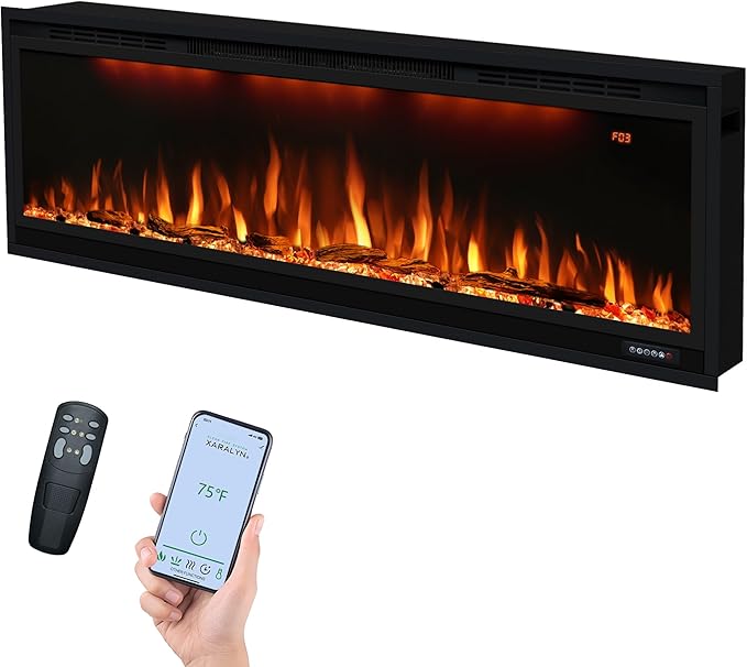 Smart 50 inch WiFi-Enabled Electric Fireplace Inserts, Wall Mount & in Wall recessed Fireplace Heater, w/Realistic Log &Crystals, Adjustable Flame Color, Thermostat and Timer, 750W/1500W, Black