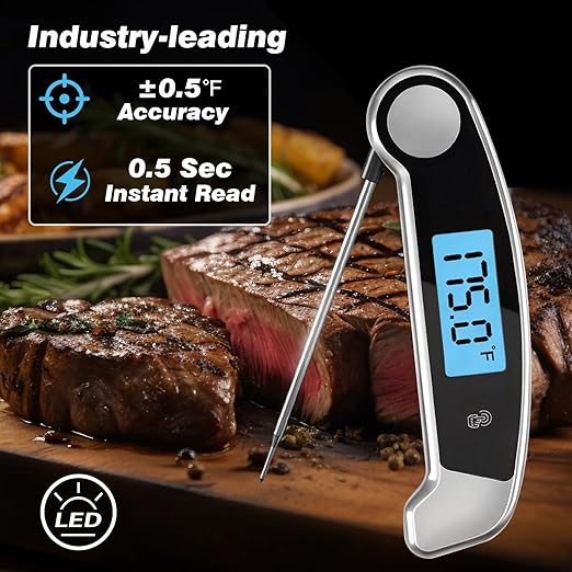 Meat Thermometer Digital Waterproof Instant Read Thermometer for Cooking ℃/℉ Convertible, Food Thermometer with Backlight, Cooking Thermometer for Kitchen Auto-Rotating Display Grey