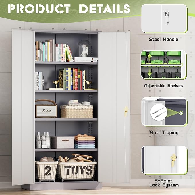 Oakmont Metal Storage Cabinet for Tool Organization, 72" Lockable Garage Storage Cabinets with 2 Doors and 4 Adjustable Shelves, Locking File Cabinet for Office, Home, School (72“ Wide-GreyWhite)