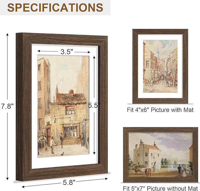Vittanly 5x7 Picture Frame, Solid Wood Frame with Plexiglass, Includes 4x6 Mat, Wall Hanging or Tabletop for Home Decor, Brown, 1 Pack