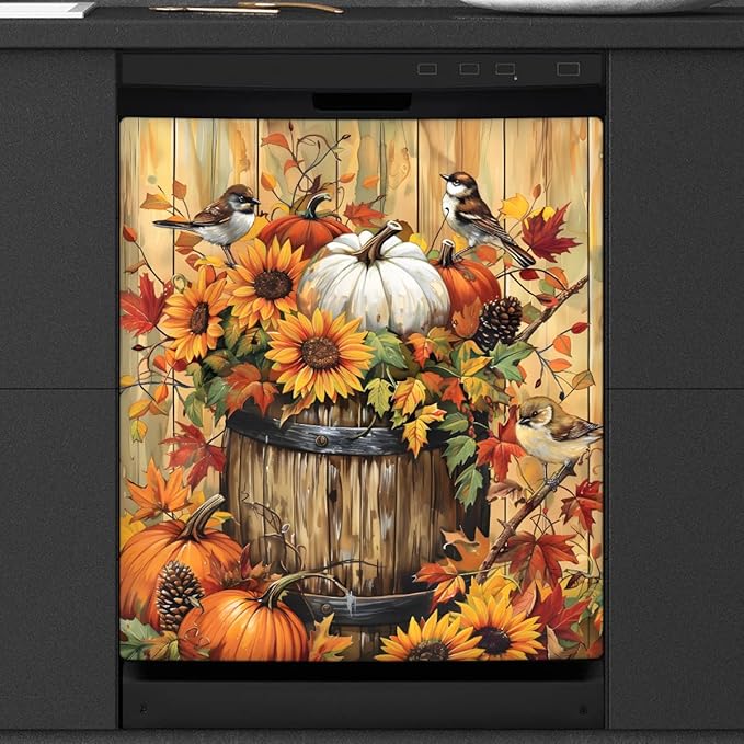 Dishwasher Magnet Cover Front Dishwasher Cover Decoration Reusable Magnetic Door Cover Panel Decal Home Appliances Stickers Kitchen Refrigerator Fridge Retro Wooden Fall Bird 23"x26"