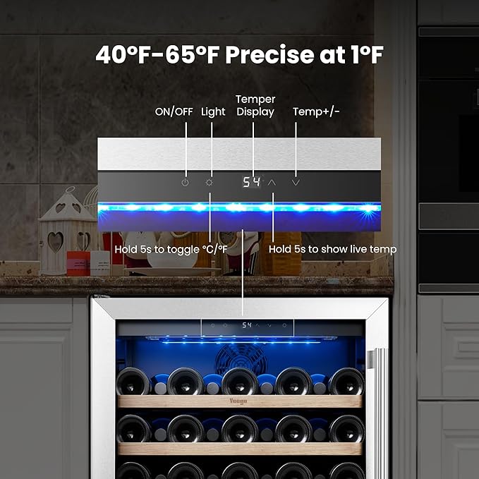 Yeego 24 Inch Wine Fridge Cooler - 52 Bottles Wine Cooler with Glass Door, 40-65℉ Built-In or Freestanding Refrigerator, Under Counter Wine Fridge for Kitchen Bar Office (Left-Hinged)