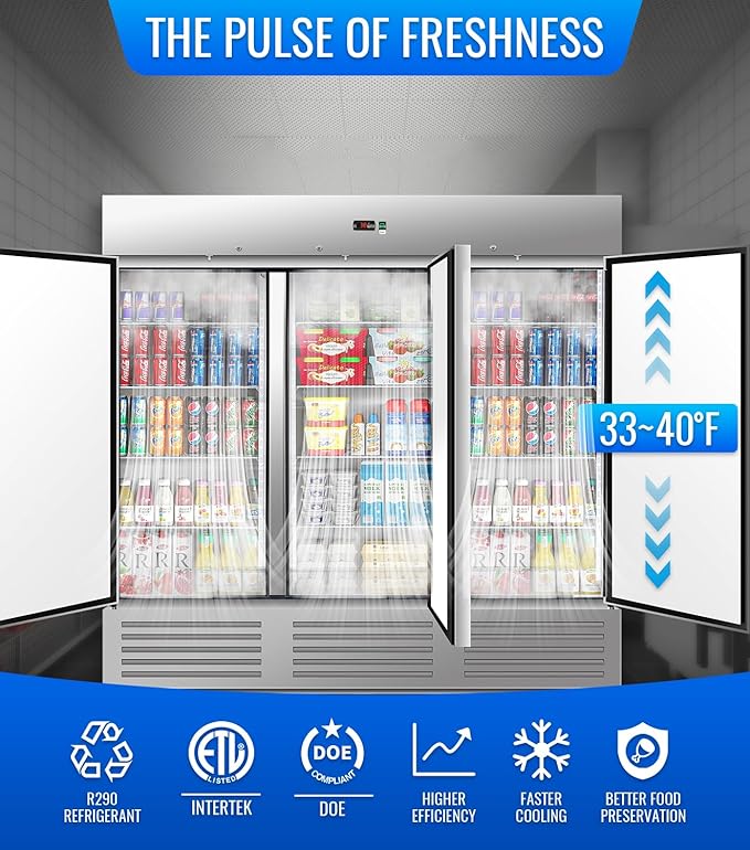 81" W Commercial Refrigerator, 72.6 Cu.ft Reach-In Triple Door Stainless Steel commercial fridge, 9 Shelves, Fan Cooling, Auto Defrost, Digital Thermostat - Ideal for Restaurant, Bar, Cafe, Shop
