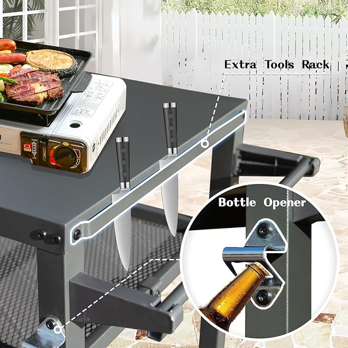 Domi 3-Tier Outdoor BBQ Grill Cart with Lockable Wheels | Portable Pizza Oven Stand & Food Prep Station | Compatible with Blackstone Griddle & Propane Tanks | All-Weather Patio Cooking Center