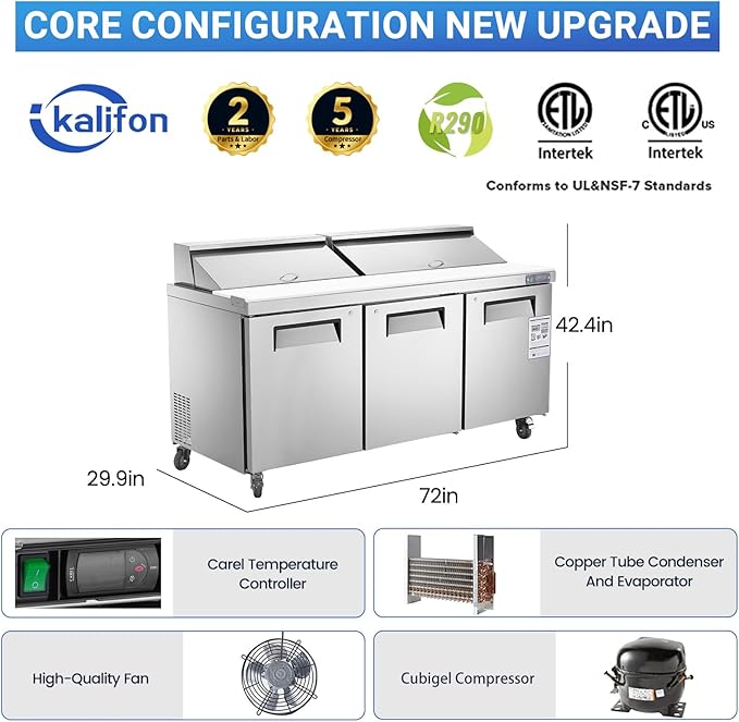 72" W 3 Door Refrigerator Sandwich Salad Prep Table Commercial Stainless Steel Fan Cooling Refrigerator with Cutting Board, 3 Shelves & 18 Pans for Restaurant, Bar, Shop-20 Cu.ft