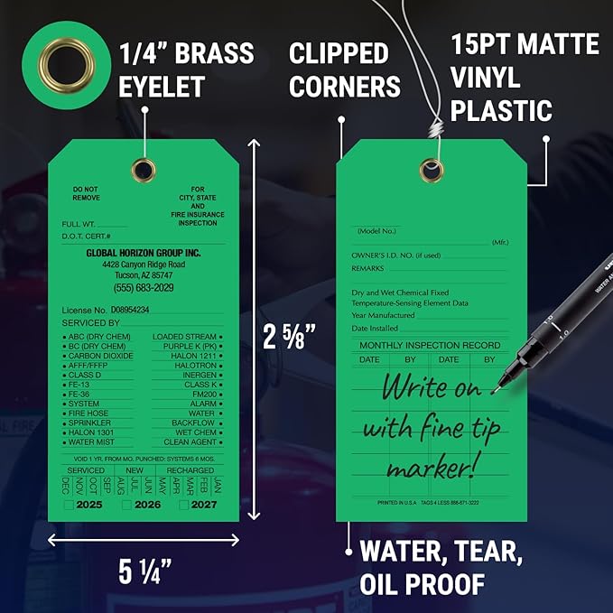 Tags 4 Less Custom Fire Extinguisher Tags – Preventative Maintenance Labels for Monthly Inspections, Alternative to Safety Sticker for Easy Record-Keeping – Pack of 100 (Dark Green, Vinyl Plastic)