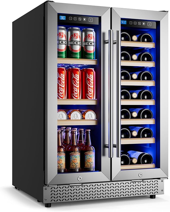 Wine and Beverage Refrigerator 24'', Dual Zone Wine Fridge Built in or Freestanding, Beverage Cooler with Glass Door holds 21 Bottles and 88 Cans, Upgrade Cooling Low Noise for Kitchen, Bar, Office