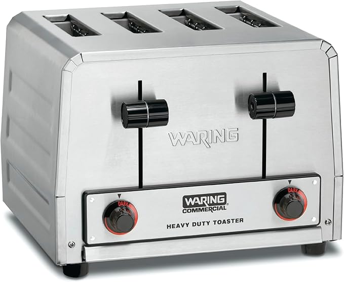Waring Commercial WCT805B 4-Slice Heavy Duty Commercial Pop-Up Toaster, 208/240V, 2028/2700W, 6-20 Phase Plug, Silver, 10.5 x 11.5 x 9 inches