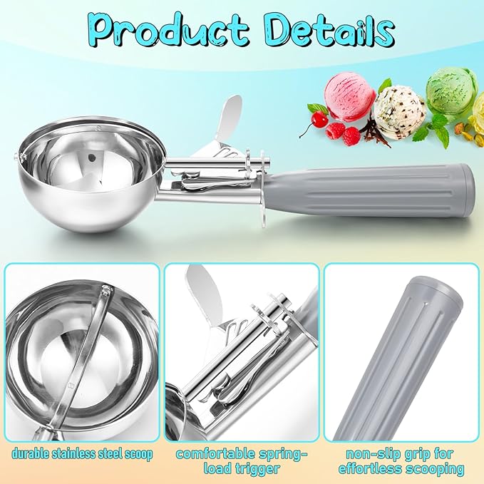 3 Pcs Release Cookie Scoops Ice Cream Scooper with Trigger Release Portion Scoop Stainless Steel for Portion Control, Baking Food, Cookie Dough (4 Oz+2 Oz+1 oz,Gray,Blue,Purple)