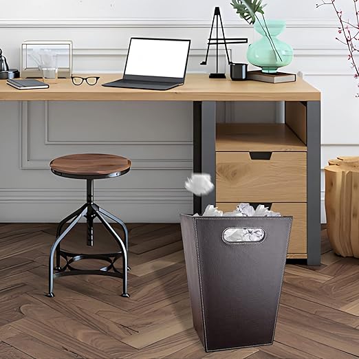 GORESE Leather Trash Can Bathroom Wastebasket, 16L/4.2 Gallon Office Garbage Can with Handles for Near Desk, Square Bedroom Waste Basket Bin for Home Dorm Decorative Brown
