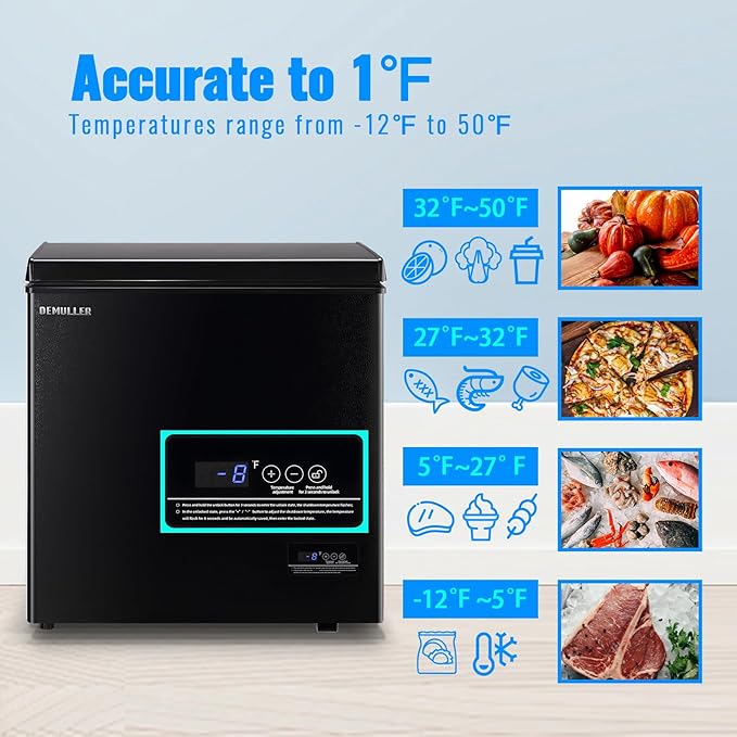 Large Capacity Chest Freezer Mini Deep Freezers (Down to -11.2 ℉) with TWO Removable Baskets Freestanding Black Compact Size for Home Kitchen Office Apt