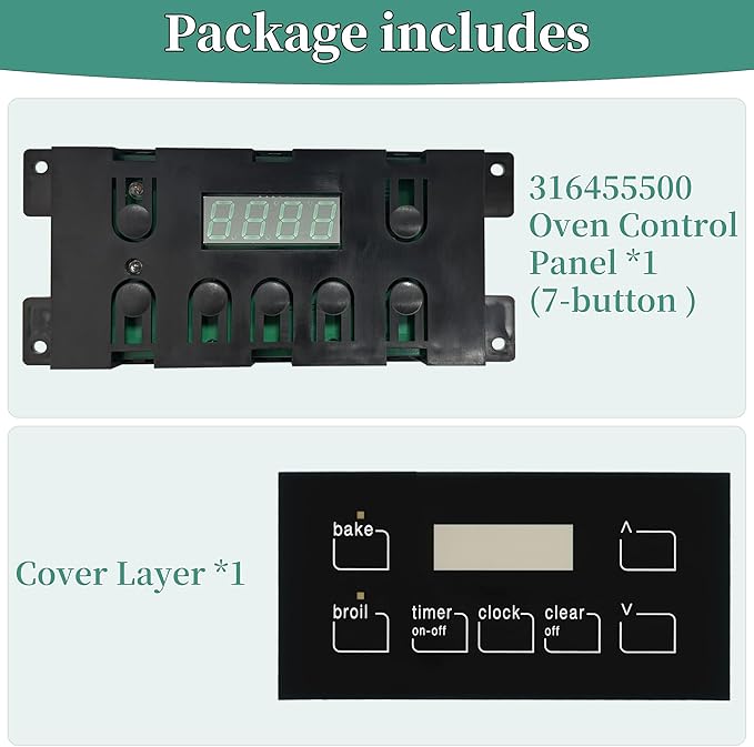 316455500 Oven Range Stove Clock Control Board 7 Button Control Board Clock Replacement(Include Overlay), Replacement for Numbers 316220725, Compatible with Frigidaire Range Control Board