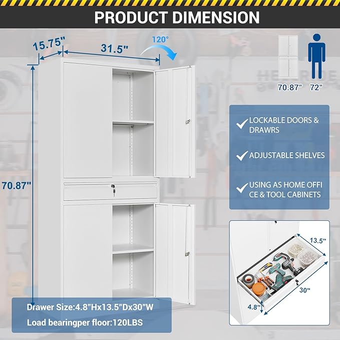 71" Metal Cabinet-White Heavy Duty Storage File Cabinet Steel Tool Cabinets with Shelves, Lockable Doors and Drawers- for Garage, Pantry, Warehouse - Assembly Required