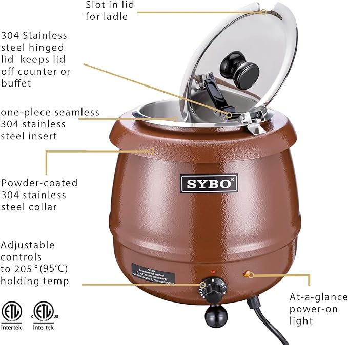 SYBO SB-6000-1B Commercial Grade Soup Warmer Kettle with Hinged Lid and Detachable Stainless Steel Insert Pot for Restaurant Parties Buffet, 10.5 Quarts, Brown
