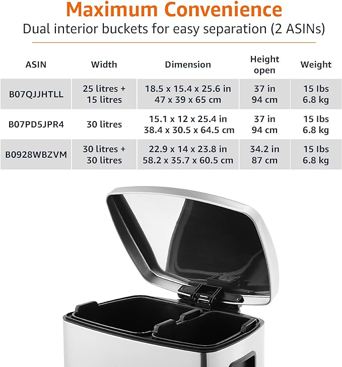Amazon Basics Dual Compartment Recycling Trash Can with Soft-Close Lid and Removable Liner Buckets, 60 Liters, Rectangular, Grey, Silver
