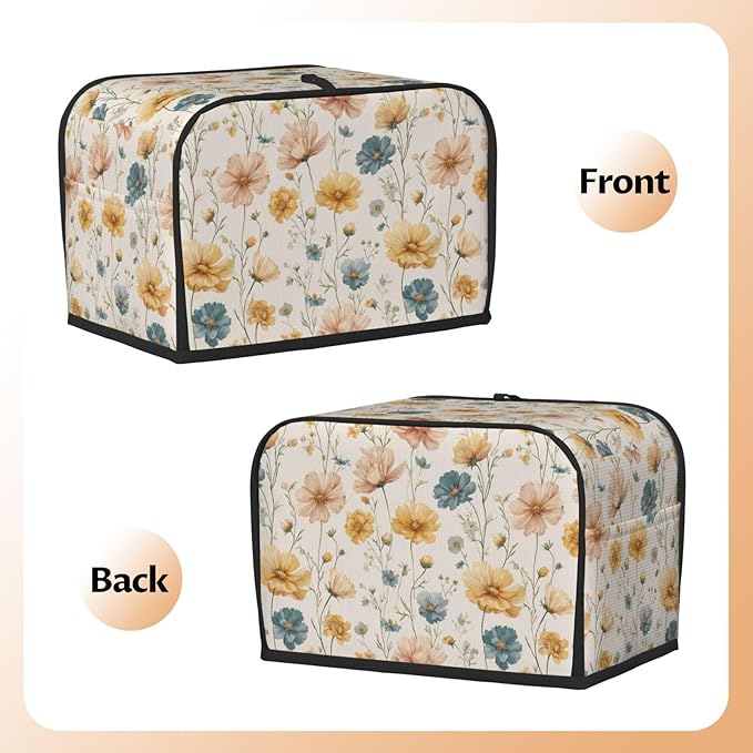 2 Slice Toaster Cover for Kitchen Vintage Flower Print Botanical Waterproof and Dustproof Toaster Dust Cover with Side Pockets Decorative Universal Cover for Wide Slot Toasters and Small Appliances
